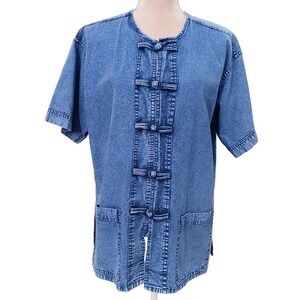 Womens Denim Shirt Asian Frog Button Short Sleeve Acid Wash Top XL